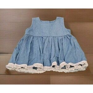 Handmade Denim Wrap Dress Jumper Blue Jean Eyelet Lace Kids Baby Girl 2T Cotton